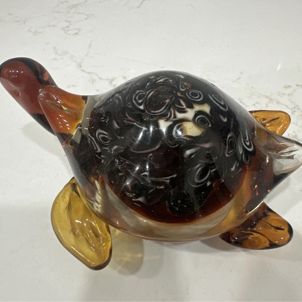 Hand Blown Glass Sea Turtle Paperweight Amber Black White Designs
